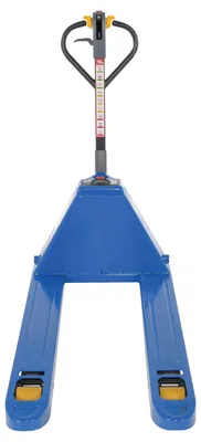 Vestil EPT-S-2748-40 economy semi-automatic electric pallet truck shown from an alternate angle