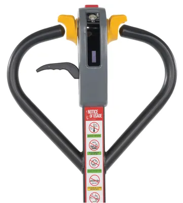 Vestil EPT-S-2748-40 economy semi-automatic electric pallet truck shown from an alternate angle