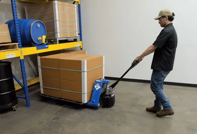Vestil EPT-S-2748-40 economy semi-automatic electric pallet truck shown from an alternate angle