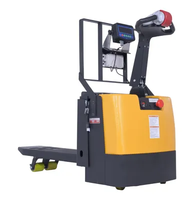 Vestil EPT-SF-1240-26-SCL single fork electric pallet truck w scale shown from an alternate angle