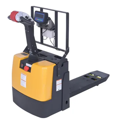 Vestil EPT-SF-1240-26-SCL single fork electric pallet truck w scale shown from an alternate angle