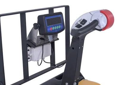 Vestil EPT-SF-1240-26-SCL single fork electric pallet truck w scale shown from an alternate angle