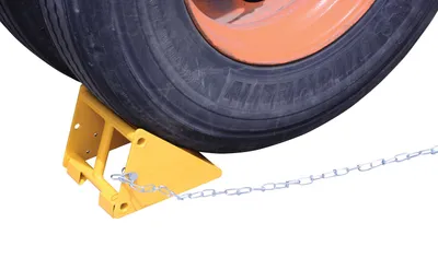 Vestil FAB-10 steel wheel chock shown from an alternate angle