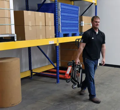 Vestil FAPT-1628 fold-up aluminum platform truck shown from an alternate angle