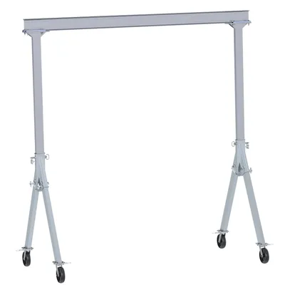 Vestil Aluminum Fixed Gantry Crane with Glass Filled Nylon Locking Casters 10 Ft. x 10 Ft. 2000 Lb. Capacity Silver