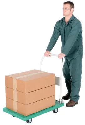 Vestil FPT-2133 plastic platform trucks with fold down handle shown from an alternate angle