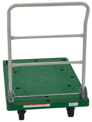 Vestil FPT-2537 plastic platform trucks with fold down handle shown from an alternate angle