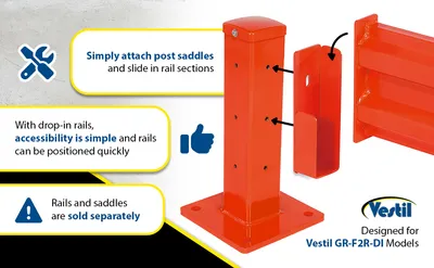 Vestil GR-F2R-DI-10-OR structural guard rails (drop-in and bolt-on style) feature highlights