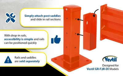 Vestil GR-F2R-DI-7-OR structural guard rails (drop-in and bolt-on style) feature highlights