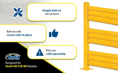 Vestil GR-F3R-BO-TP60-YL structural guard rails (drop-in and bolt-on style) feature highlights