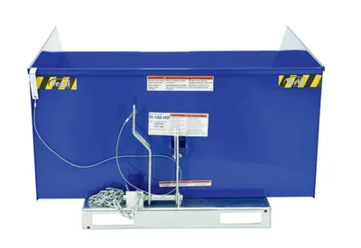 Vestil H-100-HD h style - low profile 90 degrees self-dumping steel hopper shown from an alternate angle