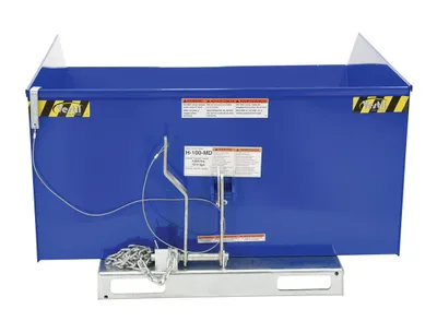 Vestil H-100-MD h style - low profile 90 degrees self-dumping steel hopper shown from an alternate angle