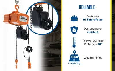 Vestil H-1000-1 economy chain hoists with chain container feature highlights