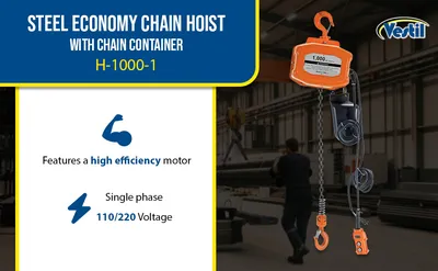 Vestil H-1000-1 economy chain hoists with chain container feature highlights