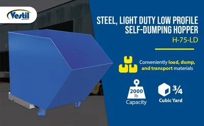 Vestil H-75-LD h style - low profile 90 degrees self-dumping steel hopper feature highlights
