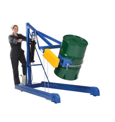 Vestil HDC-305-96 portable hydraulic drum carrier rotator boom shown from an alternate angle