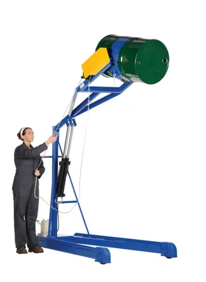 Vestil HDC-305-96 portable hydraulic drum carrier rotator boom shown from an alternate angle