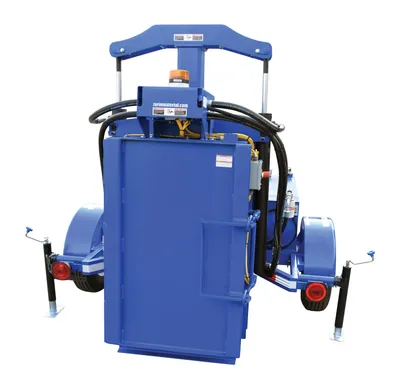 Vestil HDC-900-GPT mobile gasoline powered drum crusher shown from an alternate angle