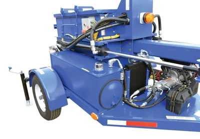 Vestil HDC-900-GPT mobile gasoline powered drum crusher shown from an alternate angle