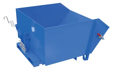 Vestil HDROP-100-HD self-dumping steel hoppers with fold down front shown from an alternate angle
