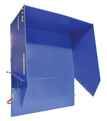 Vestil HDROP-100-LD self-dumping steel hoppers with fold down front shown from an alternate angle