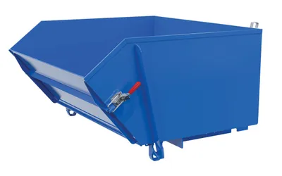 Vestil HDROP-100-MD self-dumping steel hoppers with fold down front shown from an alternate angle