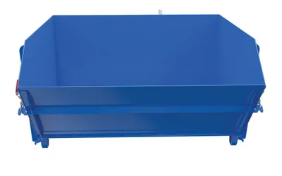 Vestil HDROP-100-MD self-dumping steel hoppers with fold down front shown from an alternate angle