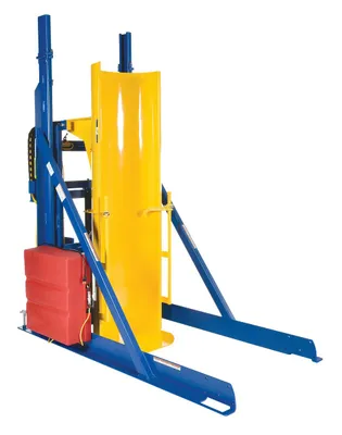 Vestil Steel DC Powered Stationary Lift and Dump Hydraulic Drum Dumper 116 In Dump Height 1,000 Lb. Capacity Blue / Yellow