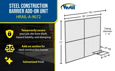 Vestil HRAIL-A-9072 galvanized construction barrier system feature highlights