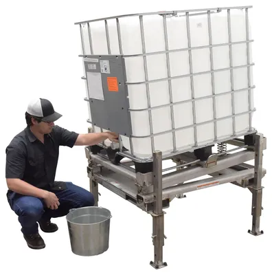 Vestil IBC-TLT-FPL-SS ibc tilt stands w fork pocket shown from an alternate angle