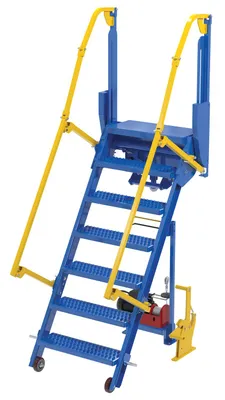 Vestil Steel Folding Mezzanine Ladder with 115V Power Storage 60 In. Mezzanine Height 23-5/8 In. Step Width 350 Lb. Capacity Blue & Yellow