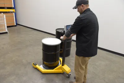 Vestil LO-DC-SCL low-profile drum caddies with bung wrench handle shown from an alternate angle
