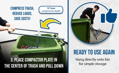 Vestil MBC-1513-14 manual trash bin compactor feature highlights