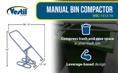 Vestil MBC-1513-14 manual trash bin compactor feature highlights