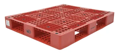 Vestil PLP2-4840-RED plastic pallets and skid shown from an alternate angle