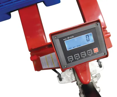 Vestil PM-2746-TL-SCL-LP pallet trucks with digital scale shown from an alternate angle