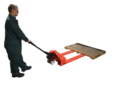 Vestil PM2-2744-SLP super low profile pallet truck shown from an alternate angle