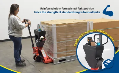 Vestil PM4-2796-UP-002 pallet trucks with p-caddy feature highlights