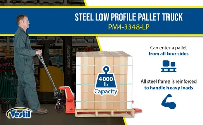 Vestil PM4-3348-LP low profile pallet truck feature highlights