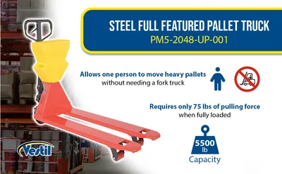 Vestil PM5-2048-UP-001 pallet trucks with p-caddy feature highlights