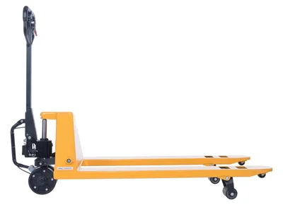 Vestil PM5-2748-PA-Y ergonomic power assist pallet truck shown from an alternate angle