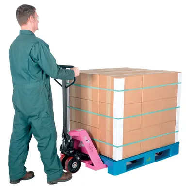 Vestil PM5-2748-PINK full featured pallet truck shown from an alternate angle