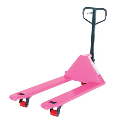 Vestil PM5-2748-PINK full featured pallet truck shown from an alternate angle