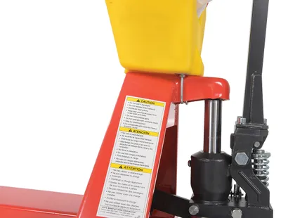 Vestil PM5-2748-UP-001 pallet trucks with p-caddy shown from an alternate angle