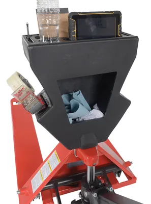 Vestil PM5-2748-UP-002 pallet trucks with p-caddy shown from an alternate angle