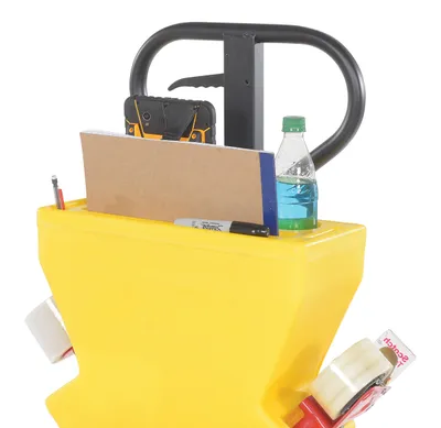 Vestil PM5-2748-Y-UP-001 pallet trucks with p-caddy shown from an alternate angle