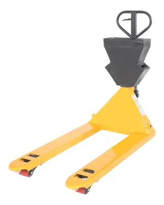 Vestil PM5-2748-Y-UP-002 pallet trucks with p-caddy shown from an alternate angle