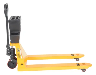 Vestil PM5-2748-Y-UP-002 pallet trucks with p-caddy shown from an alternate angle