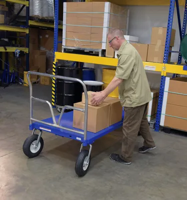 Vestil PNU-3672 pneumatic tire steel platform truck shown from an alternate angle