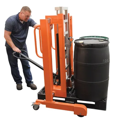 Vestil PSDT-ADP-2136 drum transporter & de-palletizer shown from an alternate angle